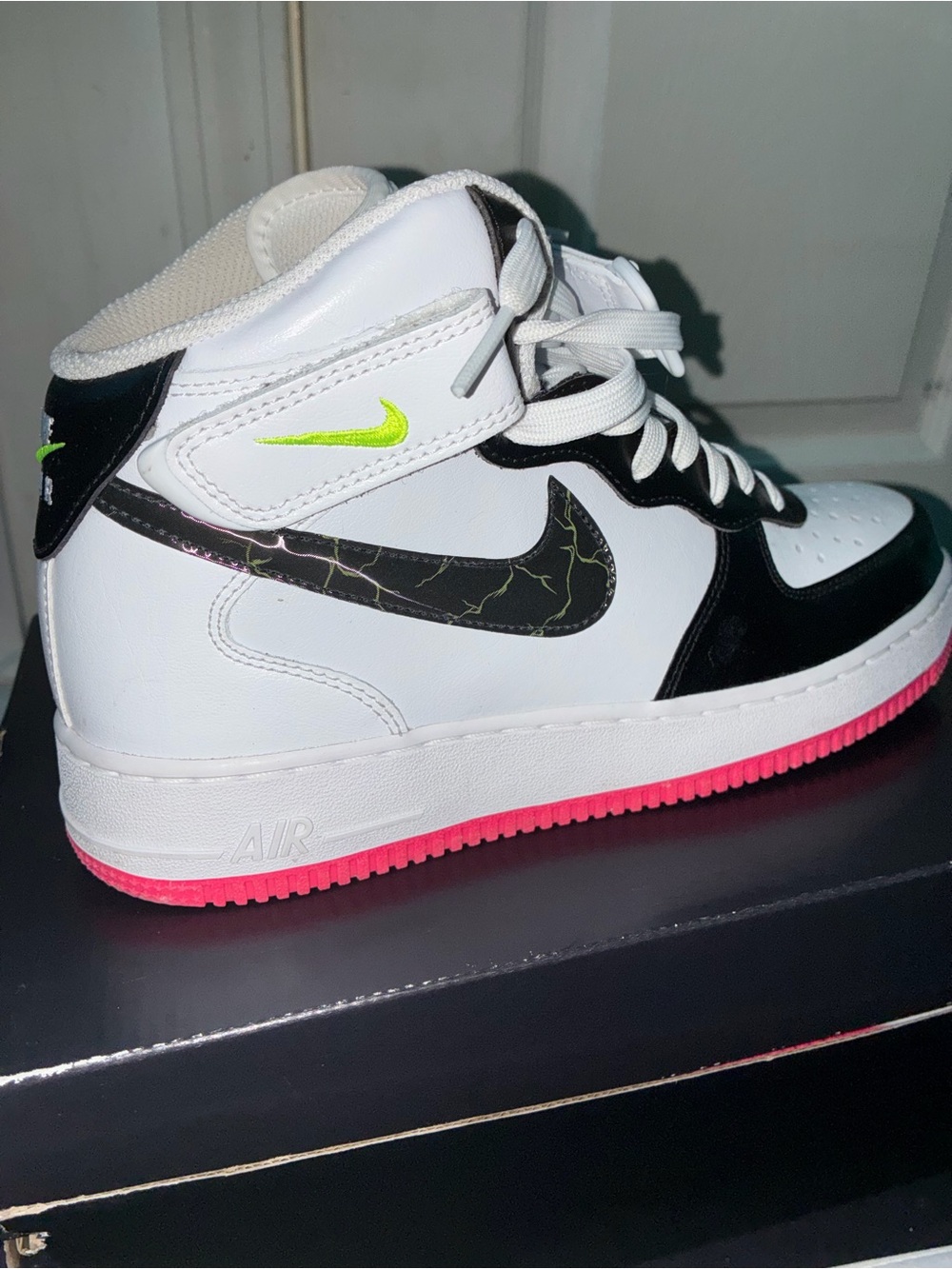 Nike Kids High-Top Sneakers in White, Black, Neon Lime & Hot Pink